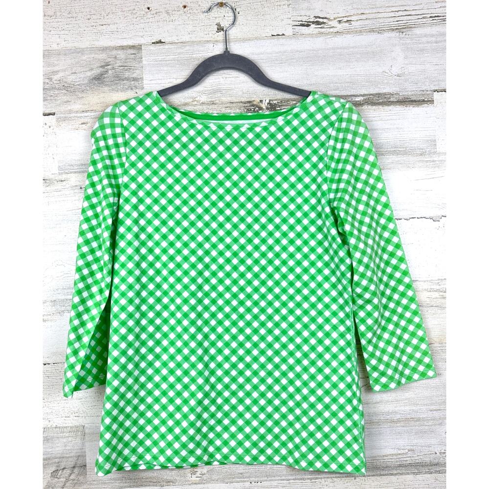 Talbots Women S Petite Green White Gingham 3/4 Sleeve Perfect Tee NEW Casual Top